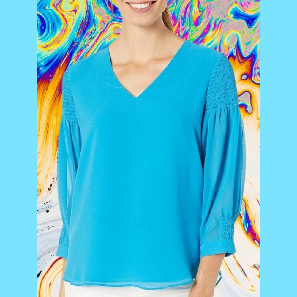 CALVIN KLEIN BLUE V-NECK DESIGNER BLOUSE SIZE XL - Picture 2 of 6